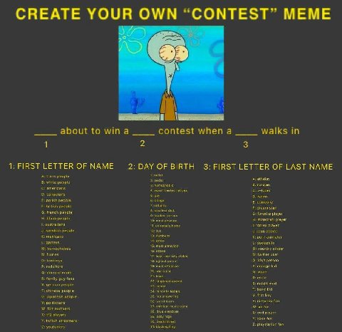 5 CREATE YOUR OWN “CONTEST” MEME i] about to contest мпепа walks 1 2 1: FIRST LETTER OF МАМЕ 2: DAY ОЕВИВТН 3: FIRST LETTER OF LAST NAME A: trans people в: white people 3: worst treated natives: v-tub