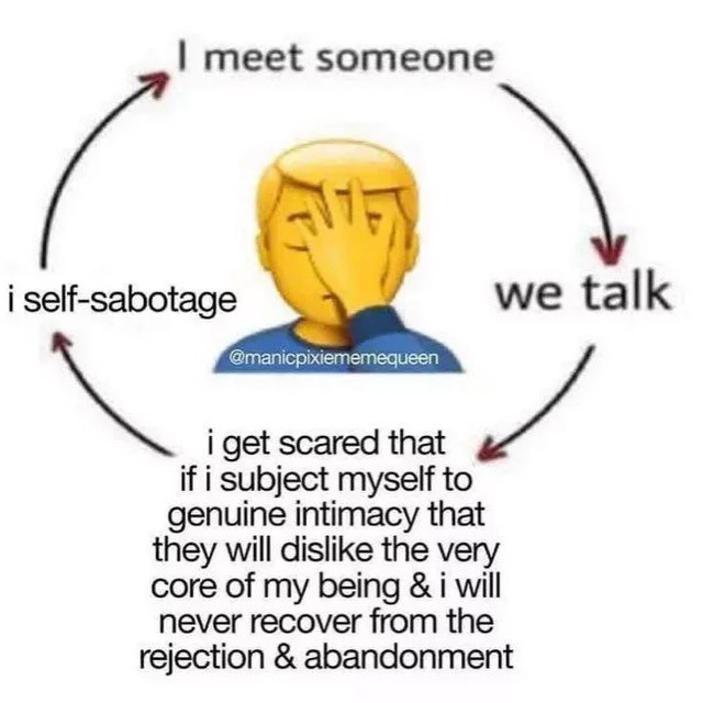meet someone i self-sabotage we talk i get scared that if i subject myself to genuine intimacy that they will dislike the very core of my being i will never recover from the rejection abandonment