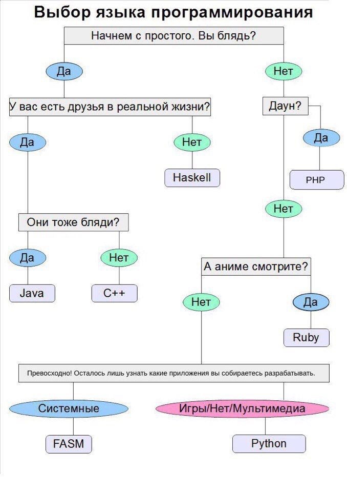 Выбор языка программирования Начнем с простого. Вы блядь? Нет Haskell Her) Они тоже бляди? Ruby Превосходно! Осталось лишь узнать какие приложения вы собираетесь разрабатывать. Игры/Нет/Мультимедиа Py