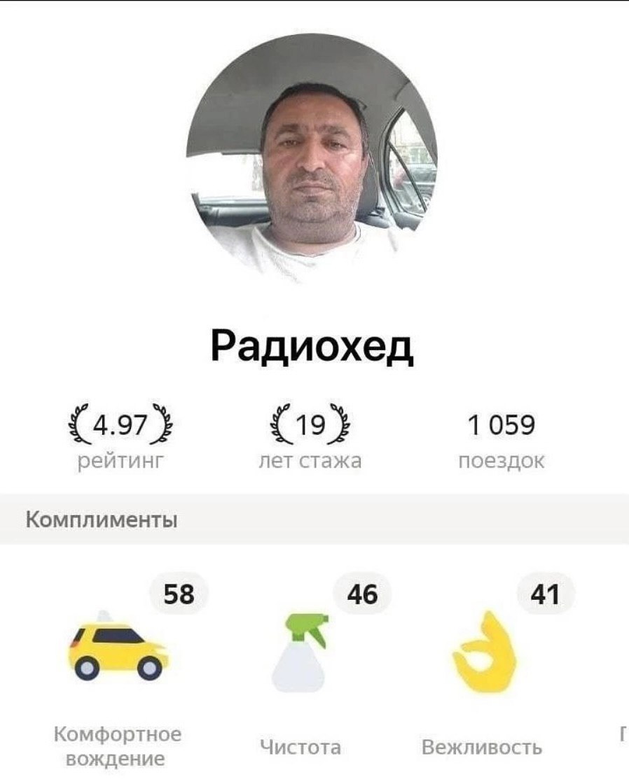 К Радиохед {19} 1953 лет стажа рейтинг поездок Комплименты 58 46 41 и Комфортное Чистота Вежливость вождение