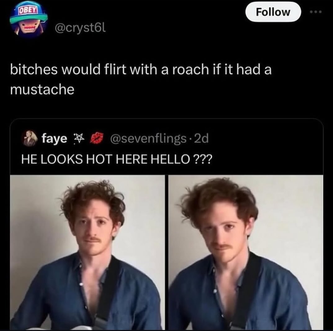bitches would flirt with a roach if ithada mustache faye HE LOOKS HOT HERE HELLO