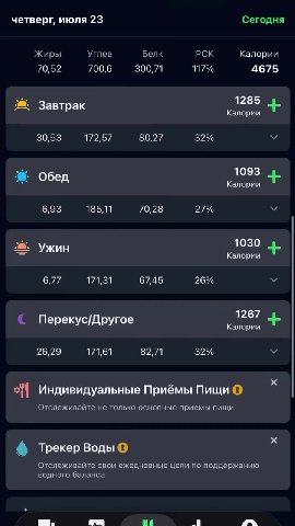 Элетатрораболалв/дурке четверг, июля 23 Сегодня Жиры Углев Белк РСК Калории №. Завтрак Флори + 3: Обед Калории + > Ужин Калории + © Перекус/Другое kenopnt > off Индивидуальные Приёмы Пищи @ Отслеживай