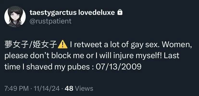 taestygarctus lovedeluxe @rustpatient SOF A retweet a lot of gay sex. Women, please don’t block me or will injure myself! Last time shaved my pubes 07/13/2009 7:49 11/14/24 48 Views