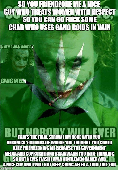 YOU FRIENDZONEMEANICE TREATS WOMEN WITH RESPECT YOU CANGOFUCKSOME CHAD WHO USES GANG ROIDS IN VAIN a THE ANAL ЗТВАМИ VERONICA YOU ROASTIE WHORE YOU THOUGHT YOU COULB KEEP FRIENDZONING ME BECAUSE THE G