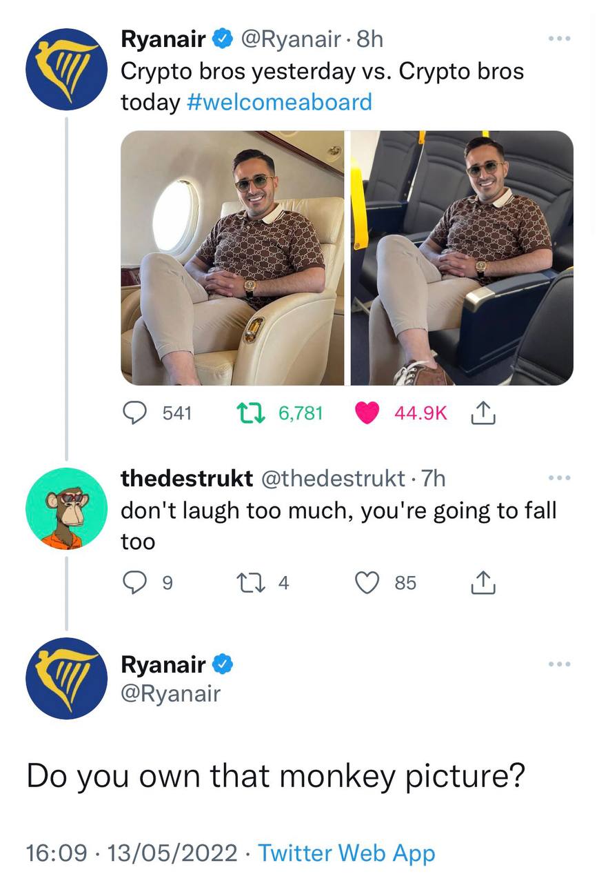 Ryanair Crypto bros yesterday Crypto bros today #welcomeaboard С) 541 6,781 thedestrukt don't laugh too much, you're going to fall too 9 4 85 Ryanair @Ryanair you own that monkey picture? 16:09 13/05/