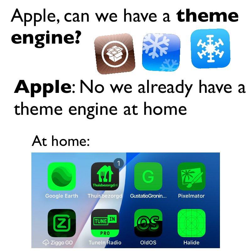 Apple, can we have а engine? Apple: No we already have a theme engine at home At home GustatioGronin. Pixelmator РКО adio OldOS Halide