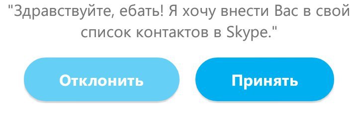 "Здравствуйте, ебать! Я хочу внести Вас в свой список контактов в Skype."