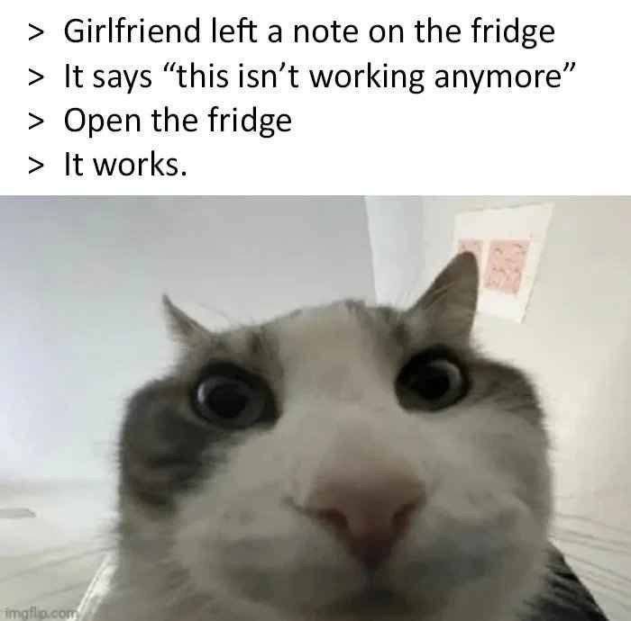 Girlfriend left a note on the fridge It says “this isn’t working anymore” Open the fridge It works.