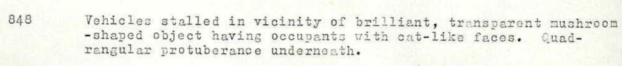 848 Vehicles stalled in vicinity of brilliant, trensparent -shaped object having occuvants with cat-like faces. Cuad- rangular protuberance