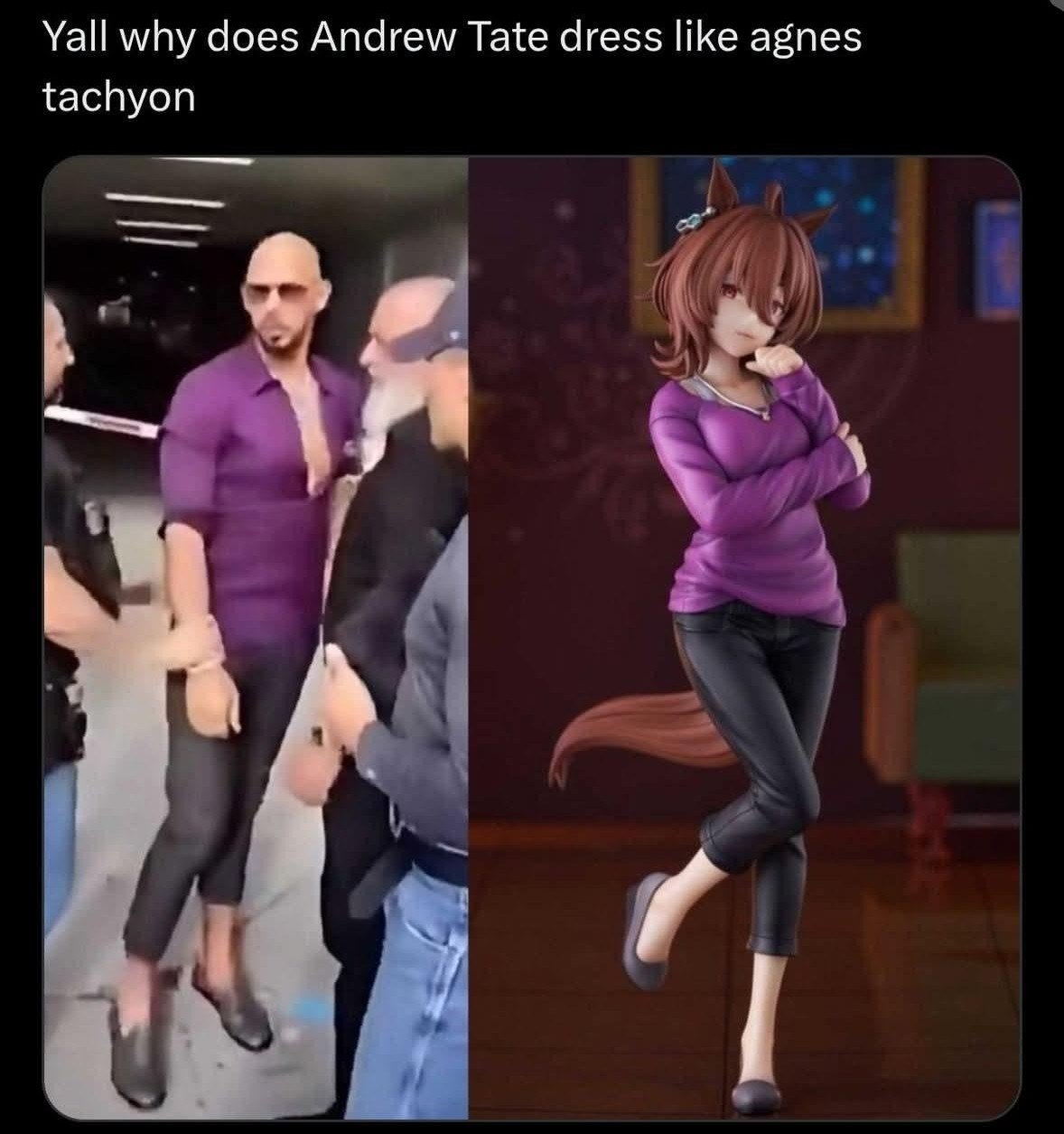 Yall why does Andrew Tate dress like agnes tachyon