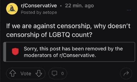 r/Conservative 22 min. ago Posted aetope we are against censorship, why doesn’t censorship of LGBTQ count? Sorry, this post has been removed the moderators of r/Conservative. Vote
