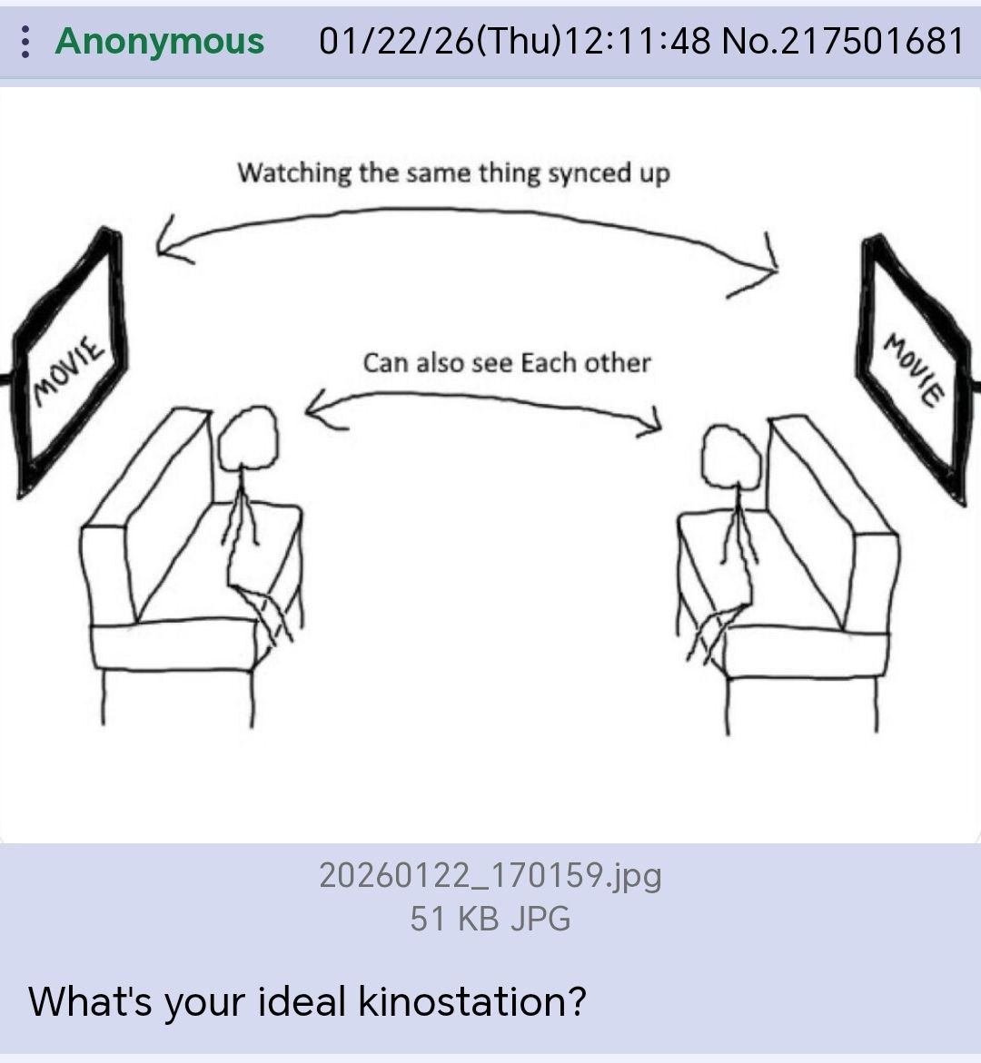 Anonymous 01/22/26(Thu)12:11:48 No.217501681 Watching the same thing synced up Can also see Each other 20260122_170159.jpg 51 JPG What's your ideal kinostation?