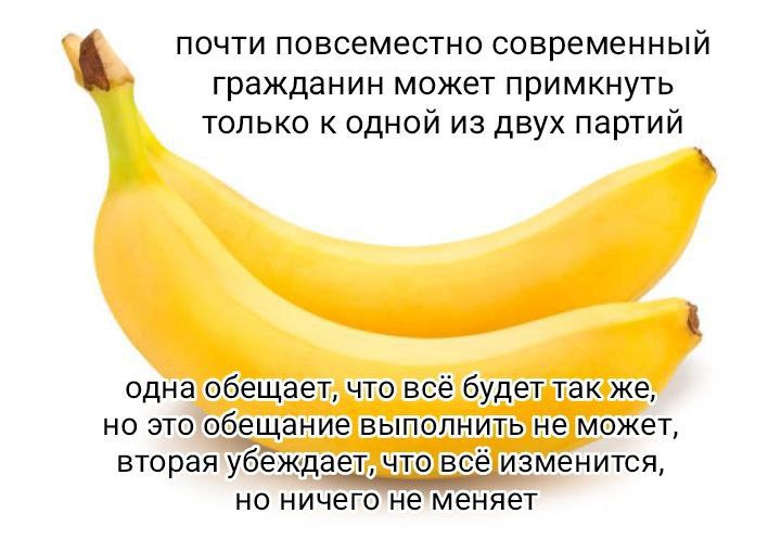 почти повсеместно современный гражданин может примкнуть только к одной из двух партий одна обещает, что всё будет также, но это обещание выполнить не может, вторая убеждает, чтовсё! изменится, но ниче
