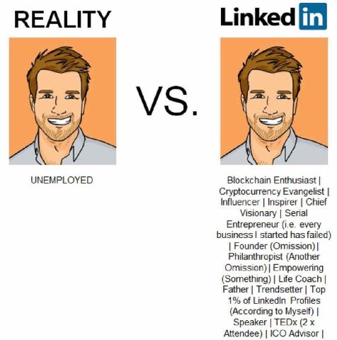 REALITY Linked UNEMPLOYED Blockchain Enthusiast Cryptocurrency Evangelist Influencer Inspirer Chief Visionary Serial Entrepreneur every business started has failed) Founder (Omission) Philanthropist (