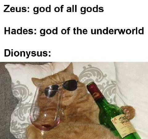 Zeus: god of all gods Hades: god of the underworld Dionysus: