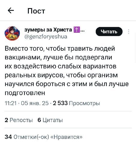 Пост зумеры за Христа @genzforyeshua Вместо того, чтобы травить людеи вакцинами, лучше бы подвергали воздеиствию слабых вариантов реальных вирусов, чтобы организм научился бороться с этим и был лучше 