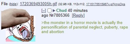 File (hide): gif (32.96 Chud 40 minutes ago №7805366 [Reply] 4 >the monster in a horror movie 15 actually the personification of parental neglect, puberty, rape and abortion