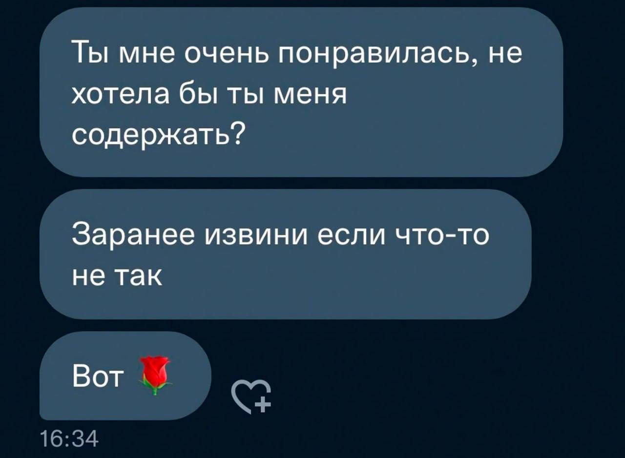 Ты мне очень понравилась, не хотела бы ты меня содержать? Заранее извини если что-то не так Вот