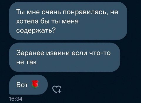 Ты мне очень понравилась, не хотела бы ты меня содержать? Заранее извини если что-то не так Вот