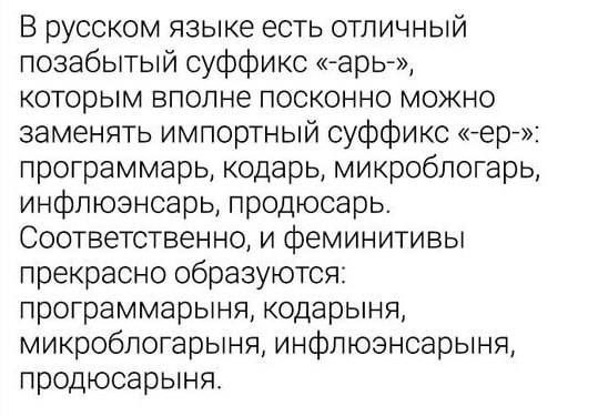 В русском языке есть отличный позабытый суффикс «-арь-», которым вполне MOCKOHHO можно заменять импортный суффикс программарь, кодарь, микроблогарь, инфлюэнсарь, продюсарь. Соответственно, и феминитив