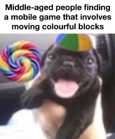 Middle-aged people finding a mobile game that involves moving colourful blocks