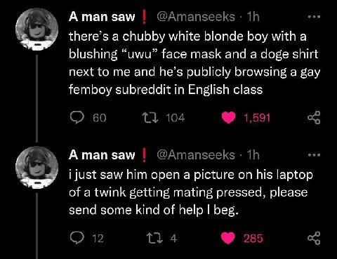 А man saw there’s a chubby white blonde boy with a blushing “uwu” face mask and а doge shirt next to me and he’s publicly browsing a gay femboy subreddit in English class А тап зам just saw him open a