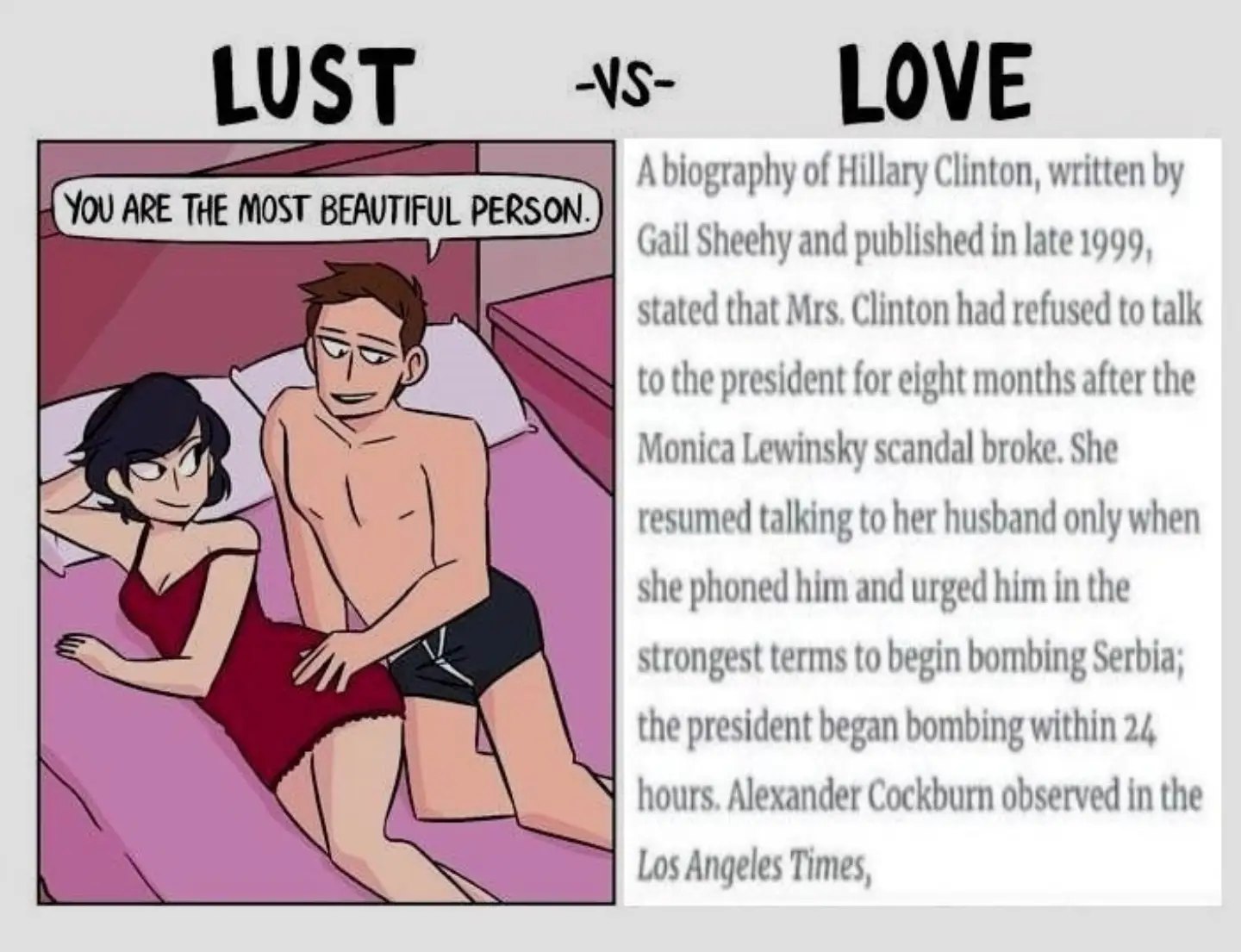 LUST LOVE A biography of Hillary Clinton, written Gail Sheehy and published in late 1999, HE BEAUTIFUL PERSON, stated that Mrs. Clinton had refused to talk to the president for eight months after the 