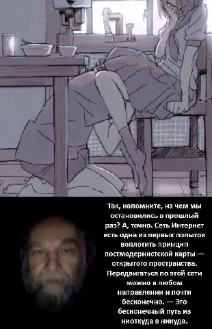 bee Так, напомните, на чем мы остановились в прошлый раз? А, точно. Сеть Интернет есть одна из первых попыток воплотить принцип постмодернистской карты открытого пространства. Передвигаться по этой се