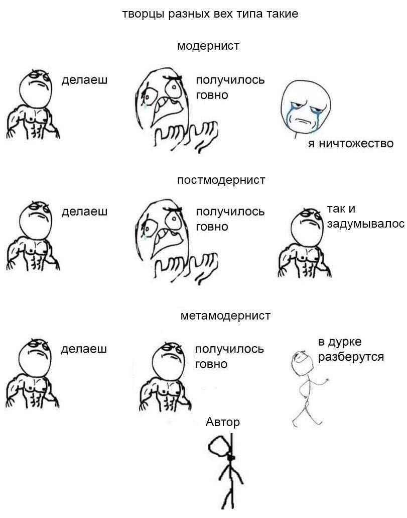творцы разных вех типа такие модернист делаеш получилось говно я ничтожество постмодернист делаеш получилось таки говно задумывалос метамодернист в дурке делаеш получилось говно разберутся У As Автор