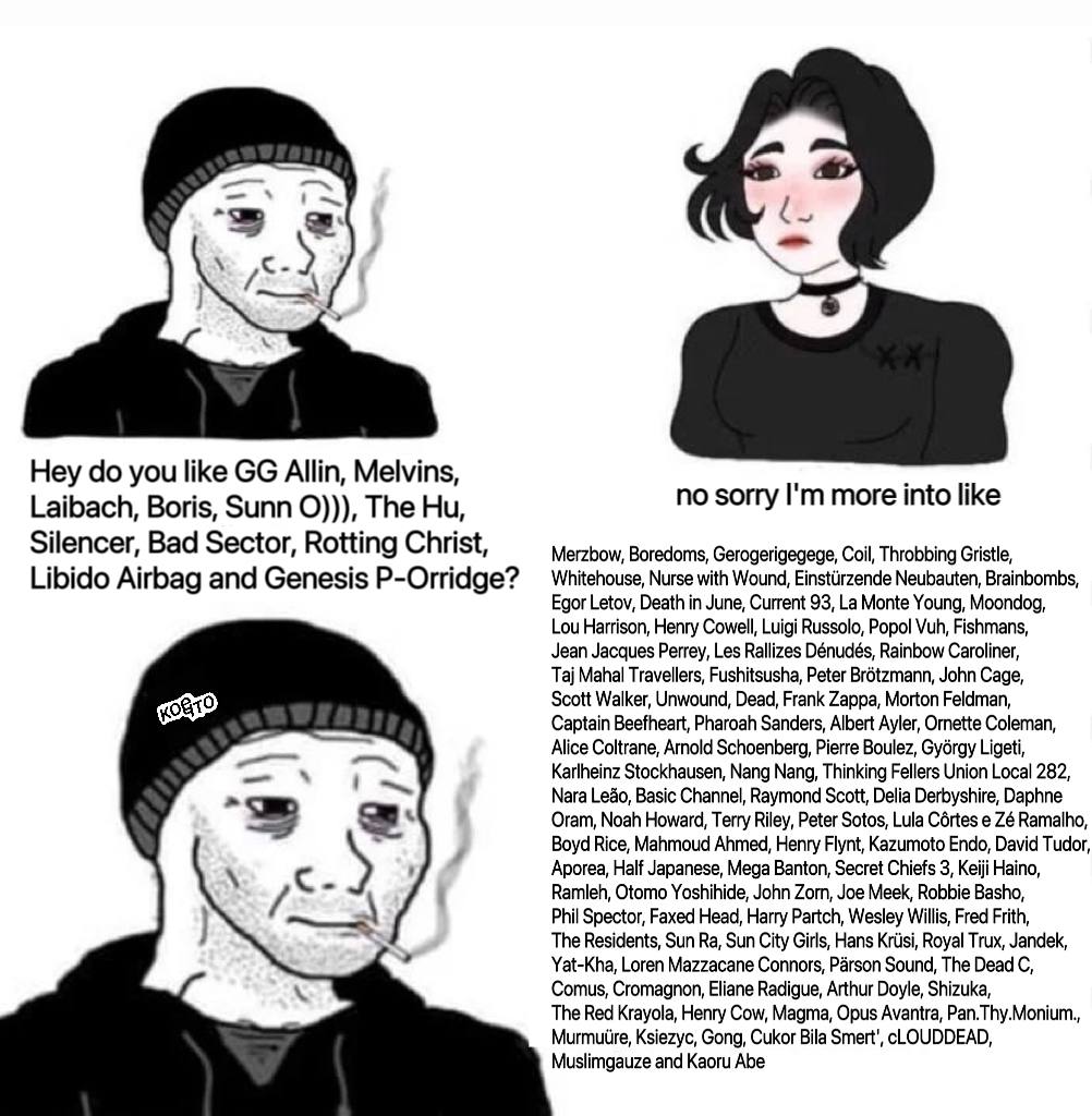 i~ 3 Hey you like Allin, Melvins, Laibach, Boris, Sunn The no sorry more into like Silencer, Bad Sector, Rotting Christ, Gerogerigegege, Coil, Throbbing Gristle Libido Airbag and Genesis P-Orridge? Wh
