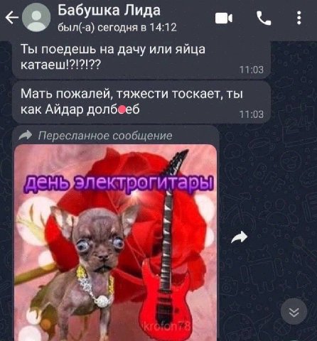 Бабушка Лида был(-а) сегодня в 14:12 a Ты поедешь на дачу или яйца катаеш!?!?!?? 11:03 Мать пожалей, тяжести тоскает, ты как Айдар 11:03 Пересланное сообщение день электрогита Dbl i a