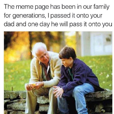 Тре meme page has been in our family for generations, passed it onto your dad and one day he will pass it onto you Vas just а meme bro