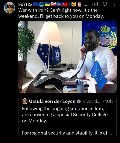 FortlS я War with Can't right now, it's the weekend. I'll get back to you on Monday. 4 А Ursula von der Leyen Following the ongoing situation in Iran, convening a special Security College on Monday Fo