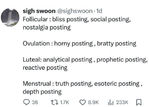 sigh swoon @sighswoon: 14 Follicular bliss posting, social posting, nostalgia posting Ovulation horny posting bratty posting Luteal: analytical posting prophetic posting, reactive posting Menstrual tr