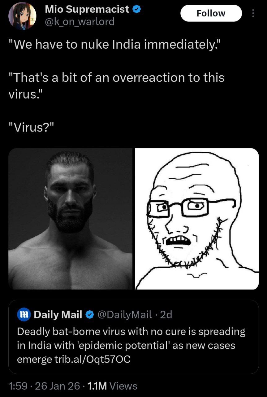 Supremacist Follow @К warlord "We have to nuke India immediately." "That's a bit of an overreaction to this "Virus?" у о Daily Май @DailyMail Deadly bat-borne virus with no cure is spreading in India 
