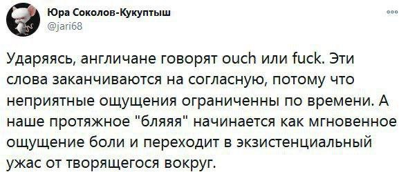 Юра Соколов-Кукуптыш Ударяясь, англичане говорят ouch или fuck. Эти слова заканчиваются на согласную, потому что неприятные ощущения ограниченны по времени. А наше протяжное "бляяя" начинается как мгн