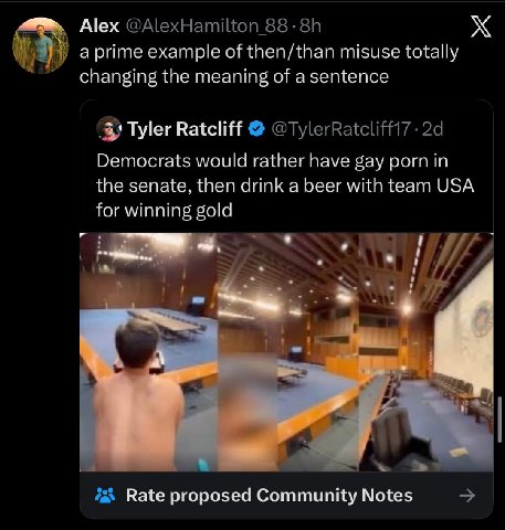Alex @ДехНат a prime example of then/than misuse totally changing the meaning of a sentence (3) Tyler Ratcliff @TylerRatcliff17 Democrats would rather have gay porn in the senate, then drink a beer wi