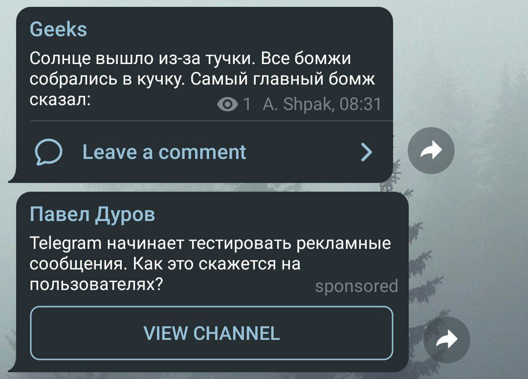 Geeks Солнце вышло из-за тучки. Все бомжи собрались в кучку. Самый главный бомж сказал: 1 А. Shpak, 08:31 Leave Павел Дуров я Telegram начинает тестировать рекламные сообщения. Как это скажется на пол