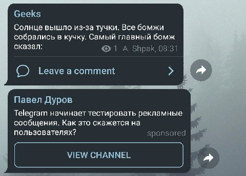 Geeks Солнце вышло из-за тучки. Все бомжи собрались в кучку. Самый главный бомж сказал: 1 А. Shpak, 08:31 Leave Павел Дуров я Telegram начинает тестировать рекламные сообщения. Как это скажется на пол