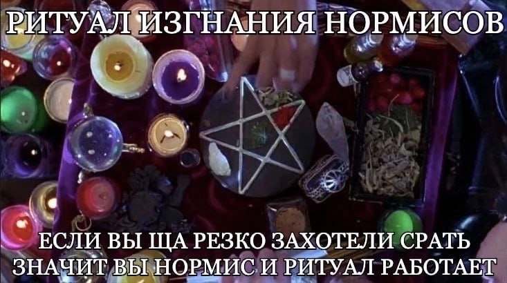 РИТУАЛ ИЗГНАНИЯ НОРМИСОВ А ЕСЛИ ВЫ РЕЗКО ЗАХОТЕЛИ СРАТЬ ЗНАЧИТ ВЫ НОРМИС И РИТУАЛ РАБОТАЕТ