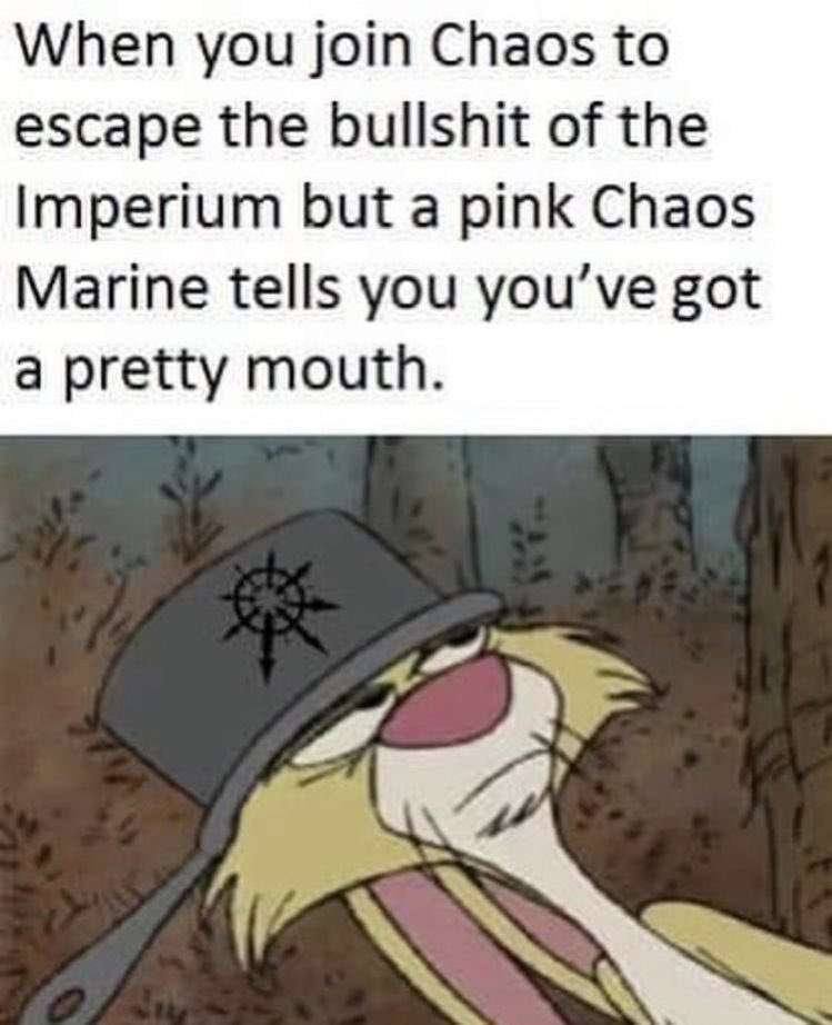 When you join Chaos to escape the bullshit of the Imperium but a pink Chaos Marine tells you you’ve got a pretty mouth.