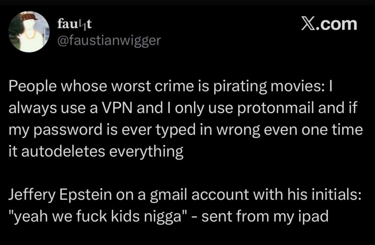 Х.сот @faustianwigger People whose worst crime is pirating movies: always use a VPN and only use protonmail and if my password is ever typed in wrong even one time it autodeletes everything Jeffery Ep