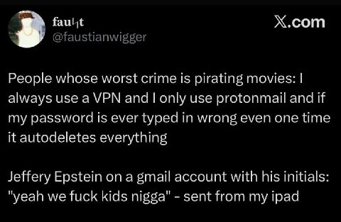 Х.сот @faustianwigger People whose worst crime is pirating movies: always use a VPN and only use protonmail and if my password is ever typed in wrong even one time it autodeletes everything Jeffery Ep