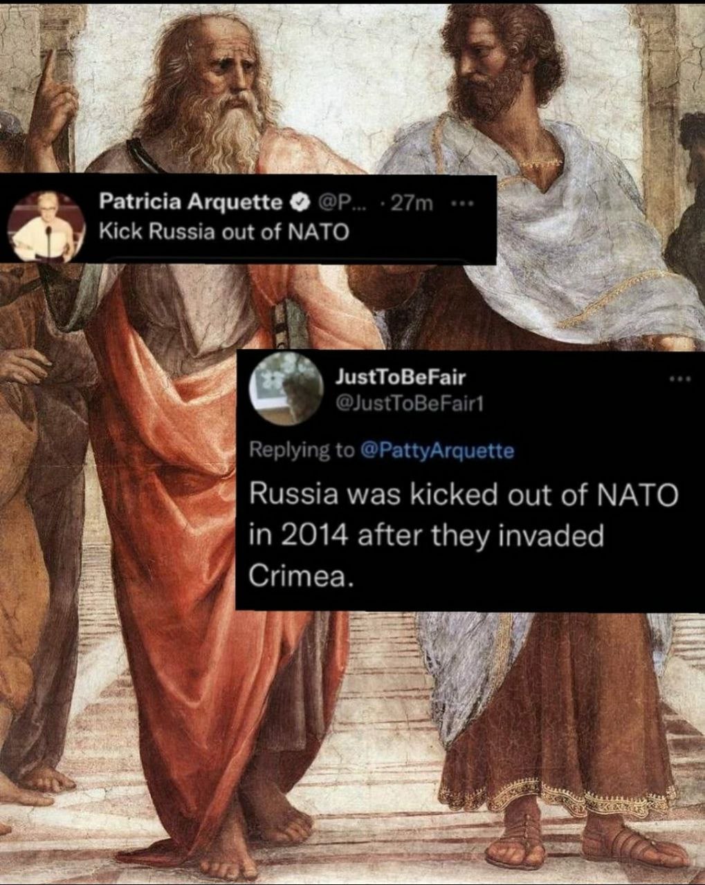 4 Nae 5 4 we 2 4 Patricia Arquette 27 Kick Russia out of NATO Я i Я JustToBeFair tloBet Replying PattyAr tte Russia was kicked out of NATO in 2014 after they invaded Ситеа. 2 4 a у я 50 4