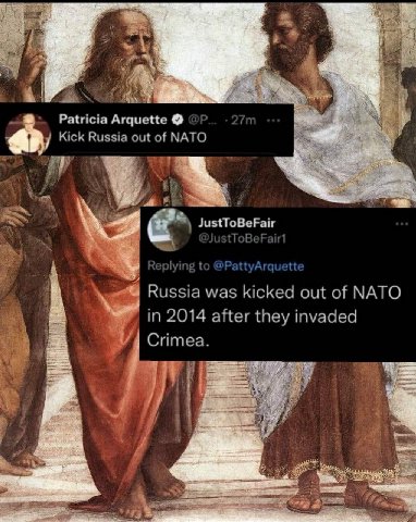4 Nae 5 4 we 2 4 Patricia Arquette 27 Kick Russia out of NATO Я i Я JustToBeFair tloBet Replying PattyAr tte Russia was kicked out of NATO in 2014 after they invaded Ситеа. 2 4 a у я 50 4