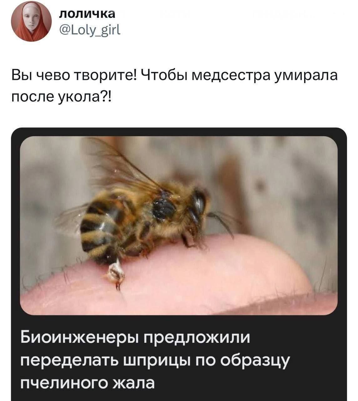 лоличка girl Вы чево творите! Чтобы медсестра умирала после укола?! я a Биоинженеры предложили переделать шприцы по образцу пчелиного жала