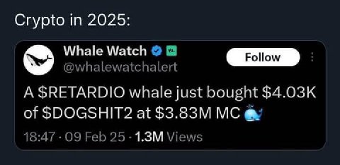 Crypto in 2025: Whale Watch @whalewatchalert A $RETARDIO whale just bought $4.03К of $DOGSHIT2 at 18:47 09 Feb 25 Views