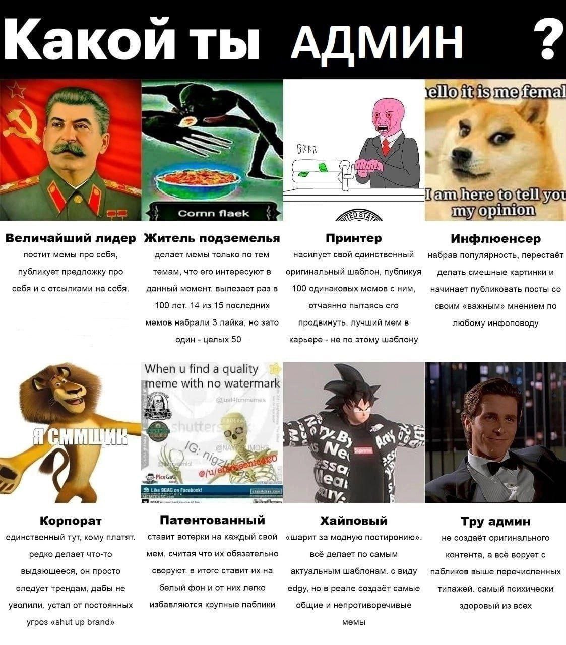 Какой ты АДМИН А о Величайший лидер Житель подземелья Принтер Инфлюенсер постит мемы про себя, делает мемы только по тем насилует свой единственный набрав популярность, перестаёт публикует предложку п