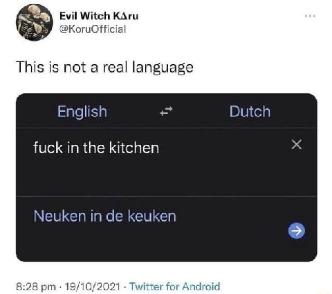 Evil Witch КАги @KoruOfficial This is not a real language English Dutch fuck in the kitchen Neuken in keuken 8:28 19/10/2021 Twitter for Android